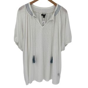 Lane Bryant Split Neck Tassel Tie Short Sleeve Blouse Women 22/24 White Blue NWT